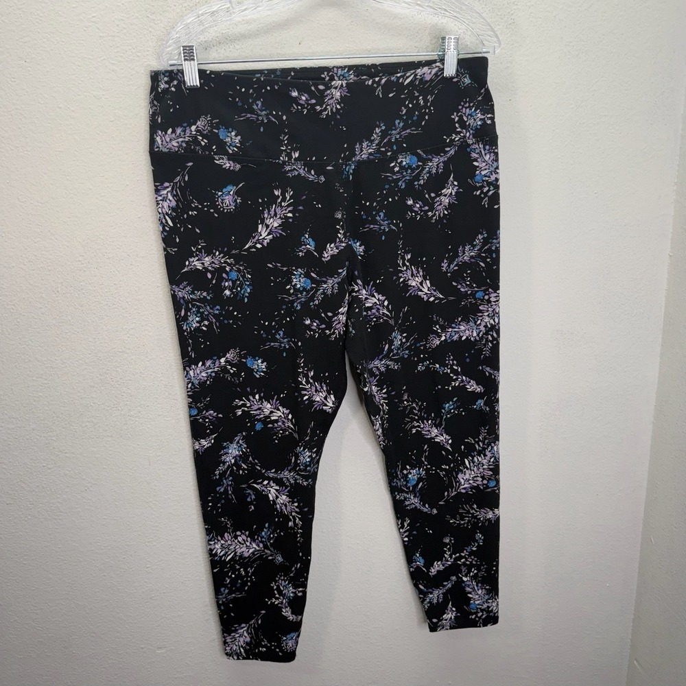 J Jill Fit Breathe Cotton Blend Easy Floral Leggings Black Purple Pull On Sz LP